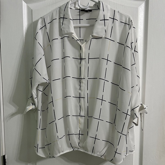Alfani Tops - Alfani Size Large White 3/4 Button-Down Shirt with Black/Yellow Grid Print